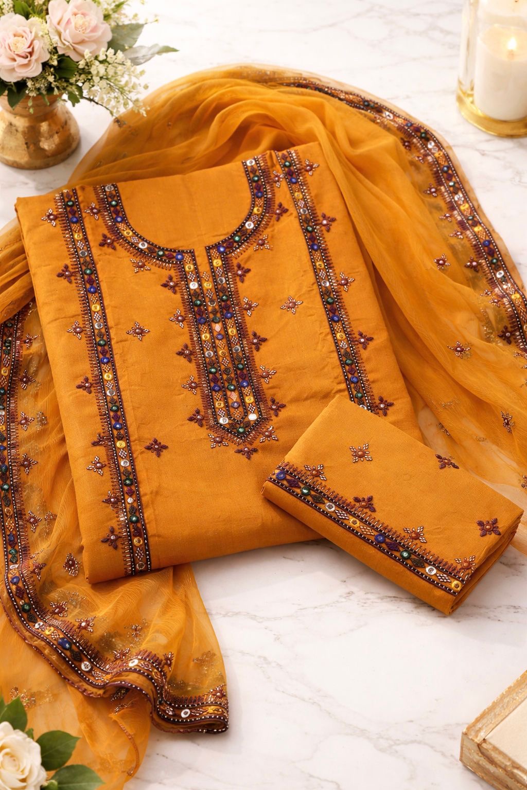 Balochi Gala Bail Daman 9MM Sitara Thick Thread Embroidered Lawn Cotton with Chiffon Dupatta - 3PC Unstitch Dress 👗