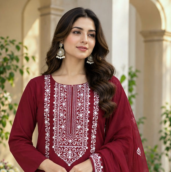 Edenrobe Style Cross Stitch 9MM Sitara - Soft Cotton with Chiffon Dupatta - 3PC Unstitch Dress 👗