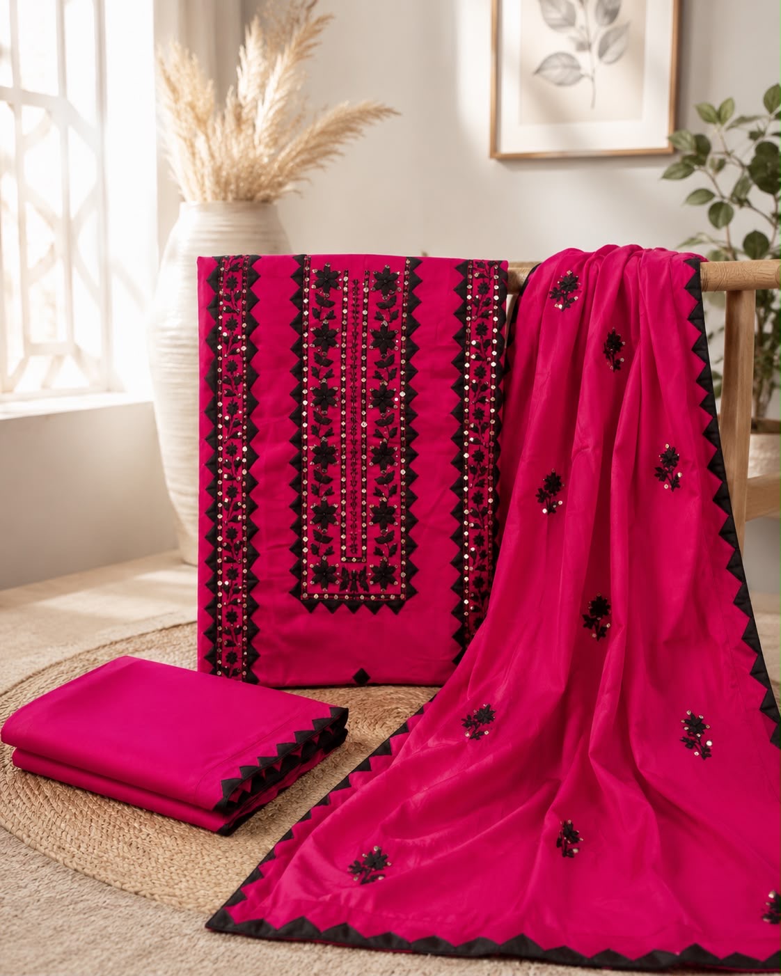 Applic Handwork & Machine Floral Embroidery Lawn Cotton Shirt, Trouser with Embroidered Lawn Cotton Dupatta | 3PC Unstitched Dress