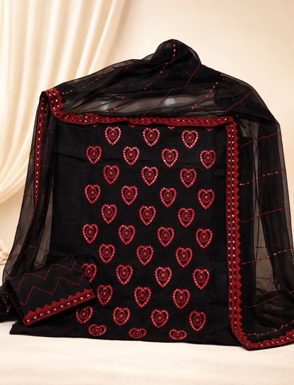 3-Piece Suit with 9mm Sitara Heart Embroidery | Lawn Cotton Shirt & Trouser with Fancy Chiffon Dupatta