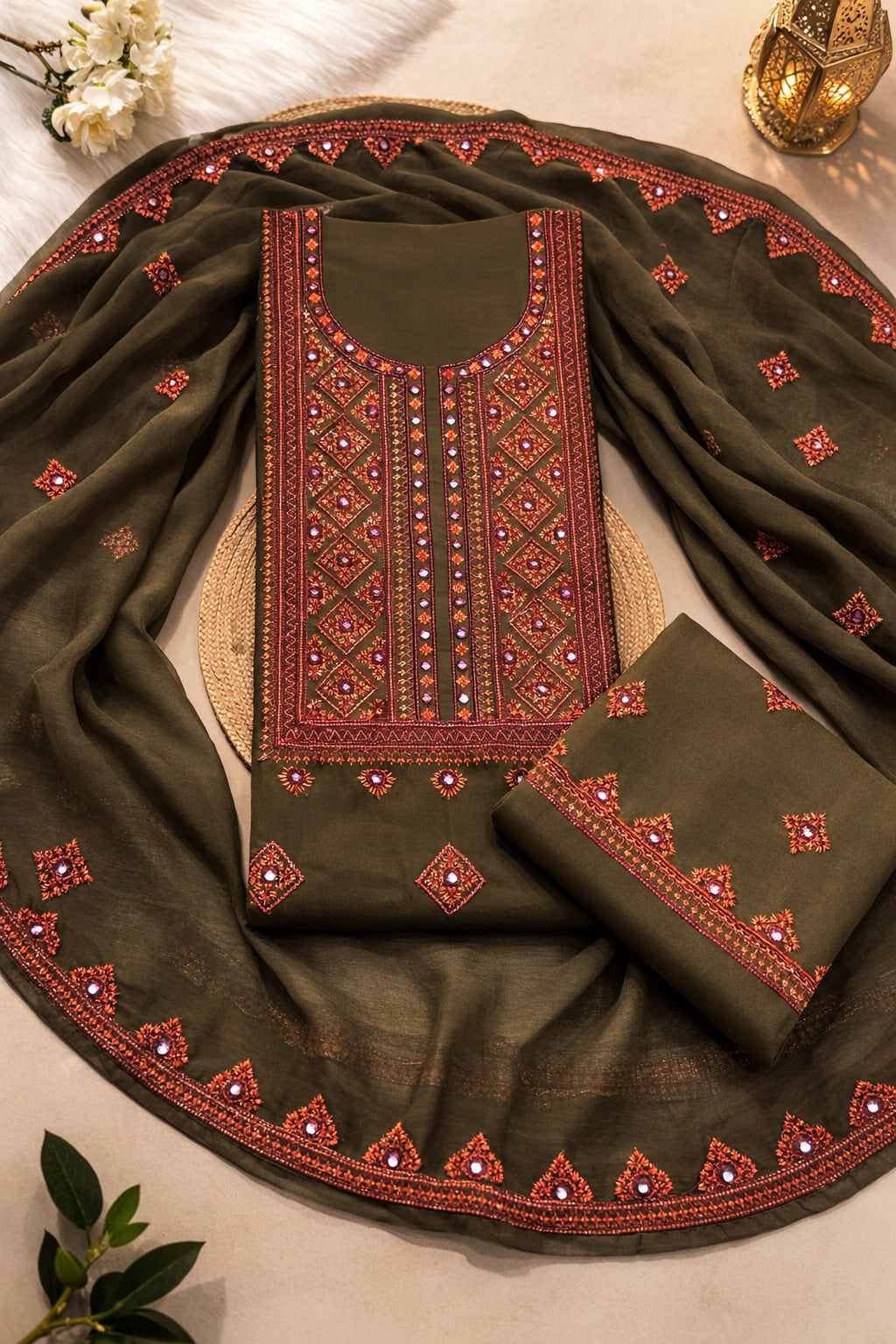 Soft Cotton 3-Piece Balochi Dress | Machine Embroidered Thick Thread & 9MM Sitara Work | Soft Chiffon Dupatta
