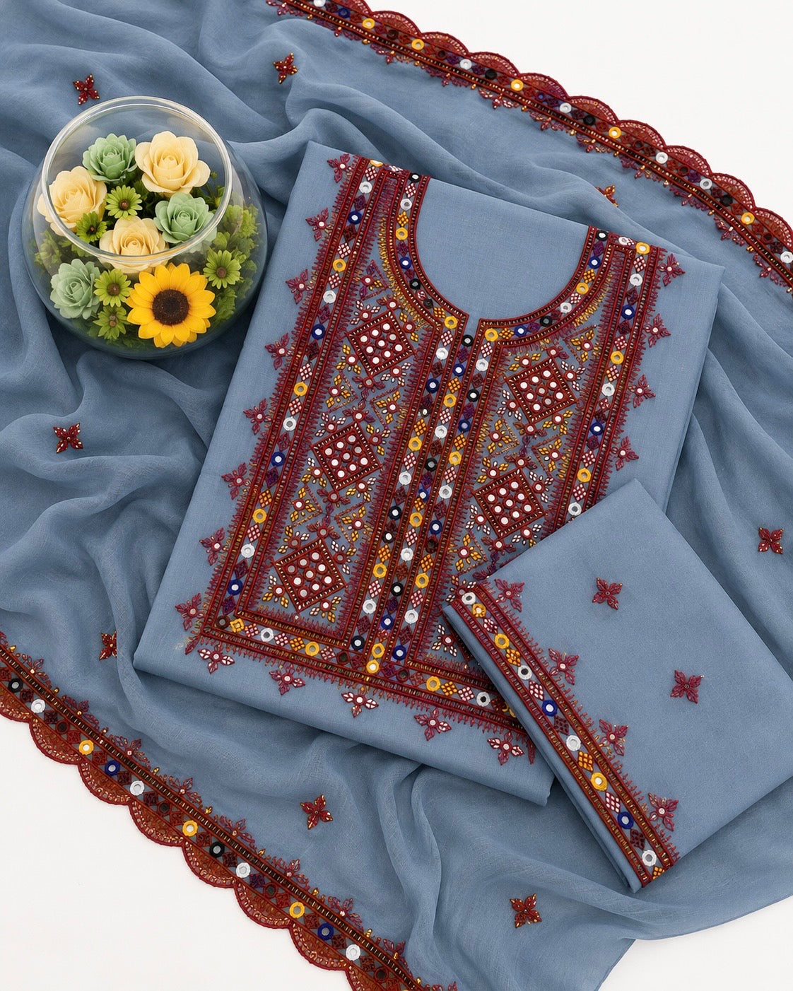Balochi Thick Thread 9MM Sitara Work Machine Embroidered Soft Cotton with Two Side Cutwork Border Chiffon Dupatta - 3PC Unstitched Dress 👗