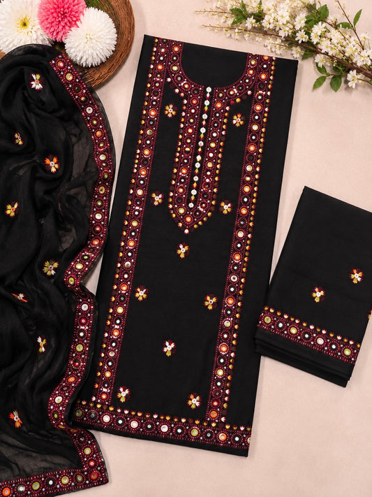 Balochi Multi Thick Thread & 9MM Sitara Heavy Embroidered Lawn Cotton Shirt & Trouser with Chiffon Dupatta | 3 Piece Unstitched Dress 👗