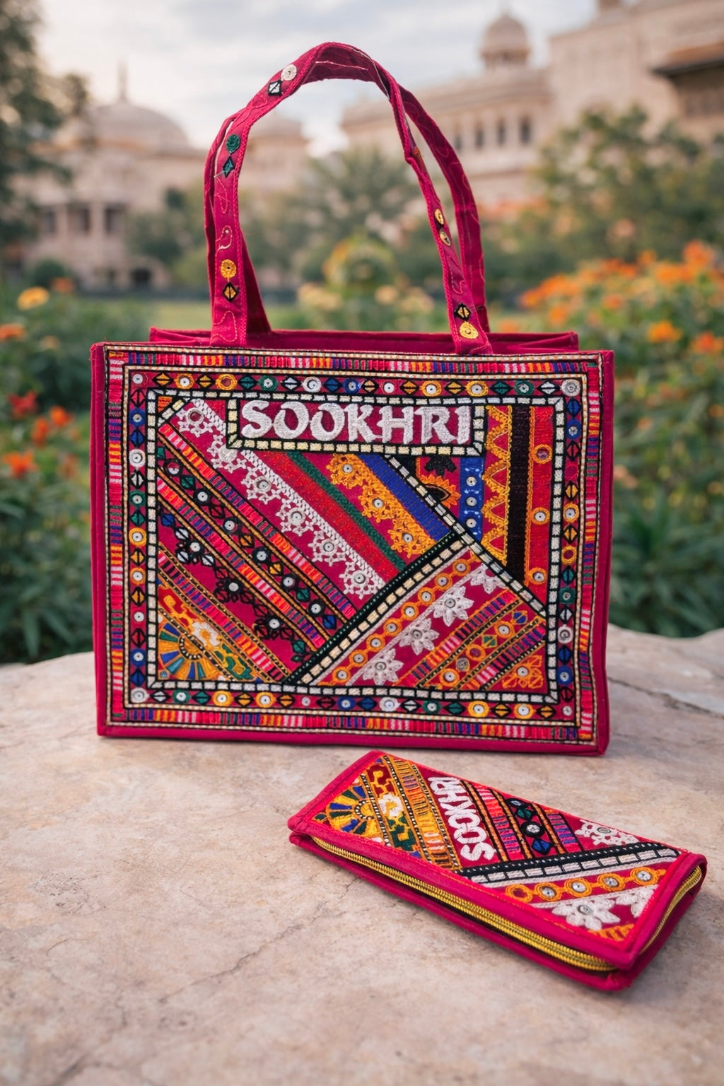 Traditional Multi-Pattern Antique Embroidered Handbag with Matching Clutch