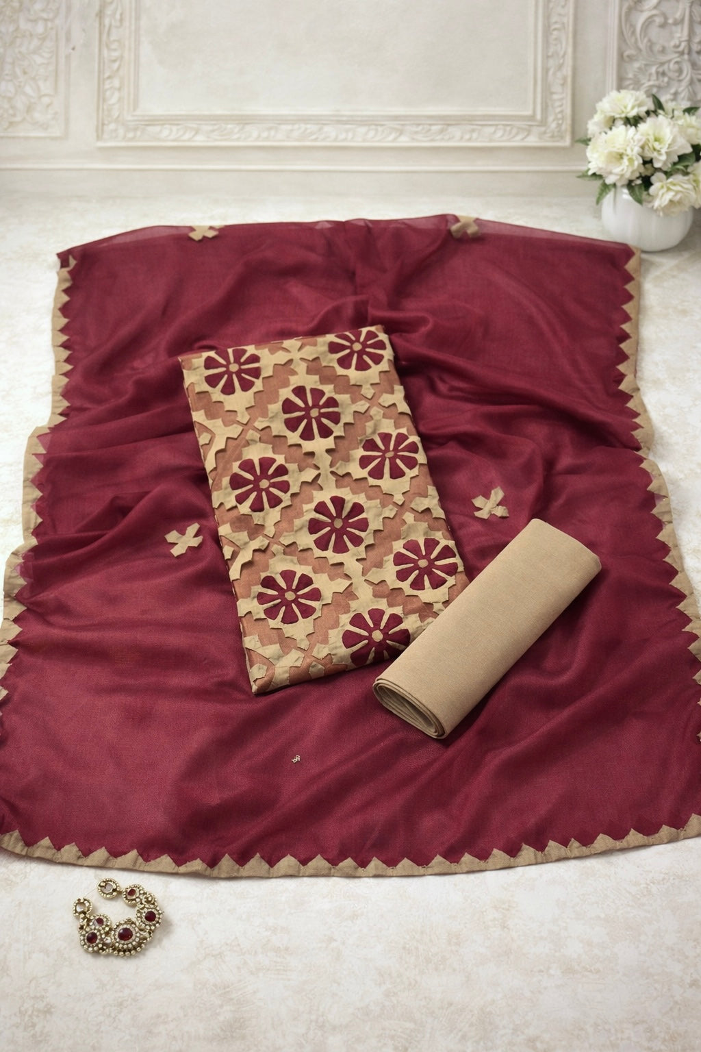 Handcrafted Soft Cotton Applique Work 3-Piece Unstitched Dress with Net Front Panel & Chiffon Dupatta