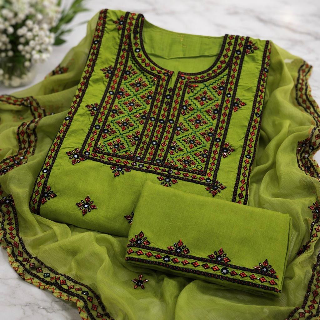 Pure Handmade Balochi Embroidered Unstitched 3-Piece Suit with Original Mirror Work