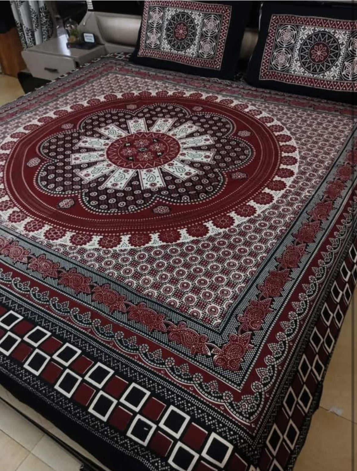King Size Ajrak Block Hand Print Cotton Stuff Bedsheet Set with 2 Unstitched Pillow Covers