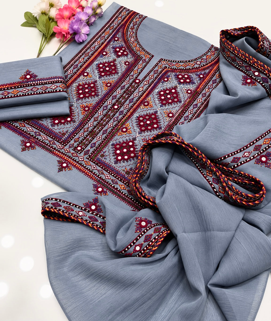 Balochi Handmade Mirror Work Soft Cotton Fabric Shirt & Trouser with Chiffon Dupatta | 3PC Unstitch Dress 👗