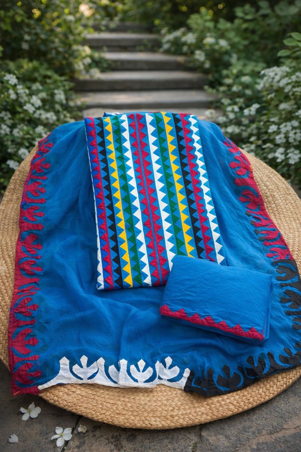 Multicolor Applique 3-Piece Dress – Soft Cotton with Chiffon Dupatta