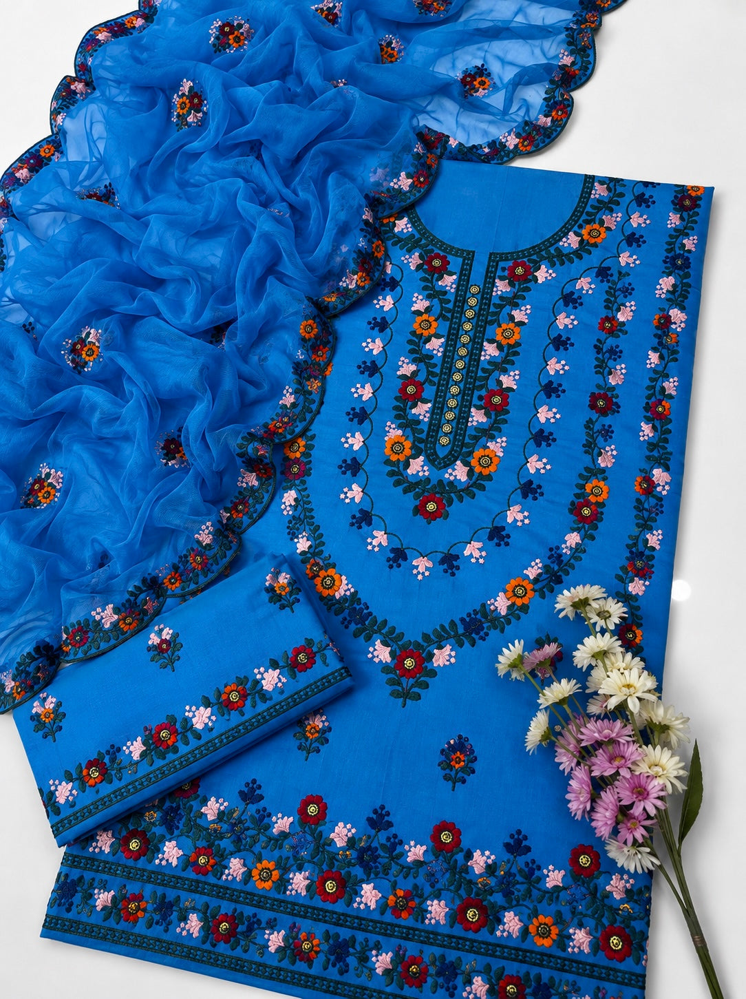 3MM Sequence Sitara Pakka Thread Multi Embroidered Soft Cotton Suit with Premium Chiffon Cutwork Dupatta – 3PC Unstitched Dress 👗