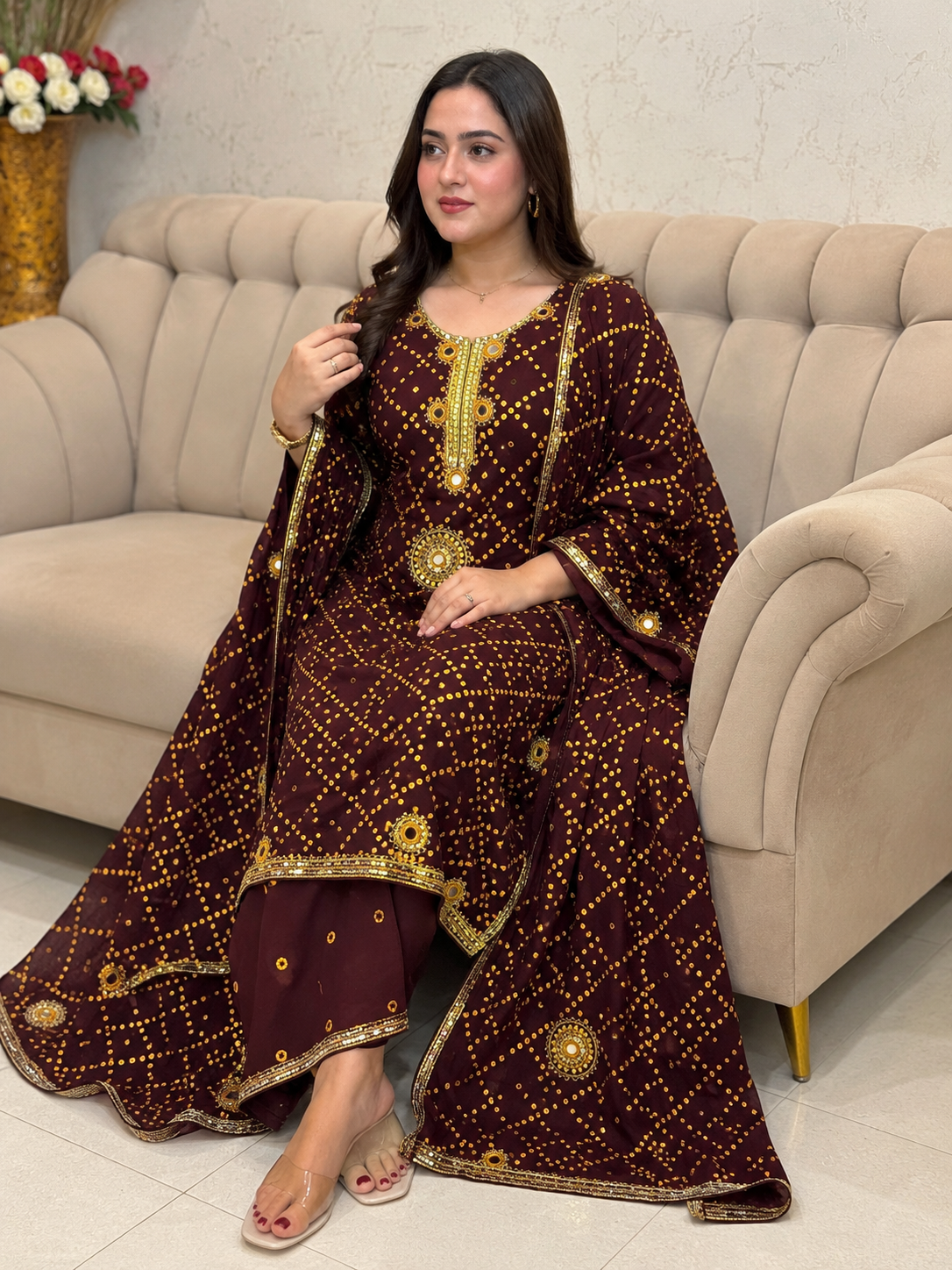 Traditional Gotta Mirror Work Chunri 3-Piece Dress (Handmade – Cotton Fabric)