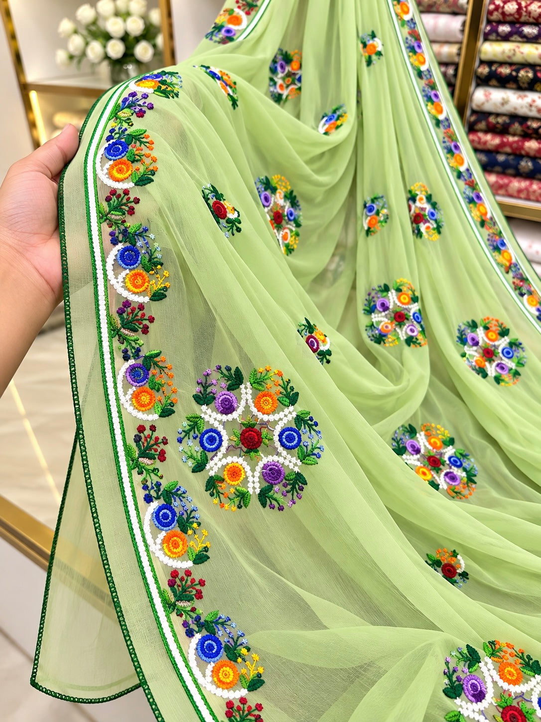 China Krinkle Chiffon Multi Flower Thick Thread Embroidered Ladies Chader