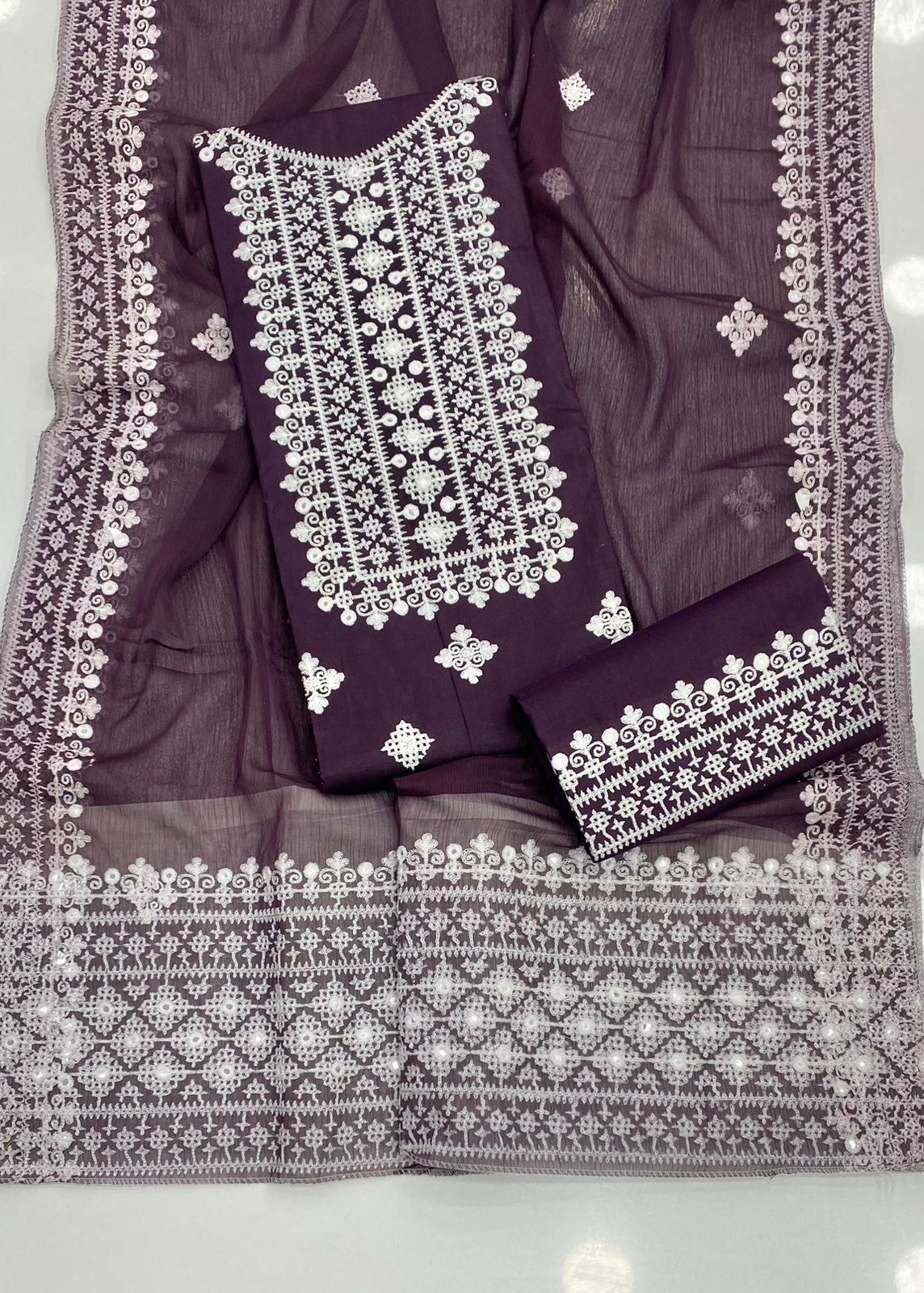 Premium 3PC Ari Hurmuch Foil Work Embroidered Suit – White Contrast