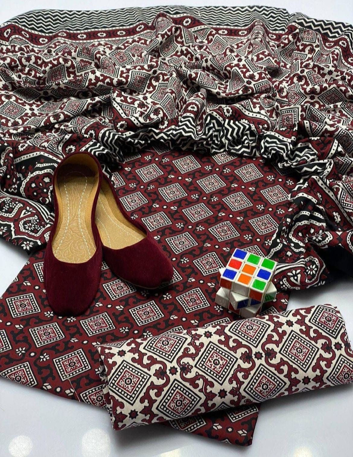 Hand Block Print Ajrak Cotton Unstitched 3-Piece Suit | All-Season Wear