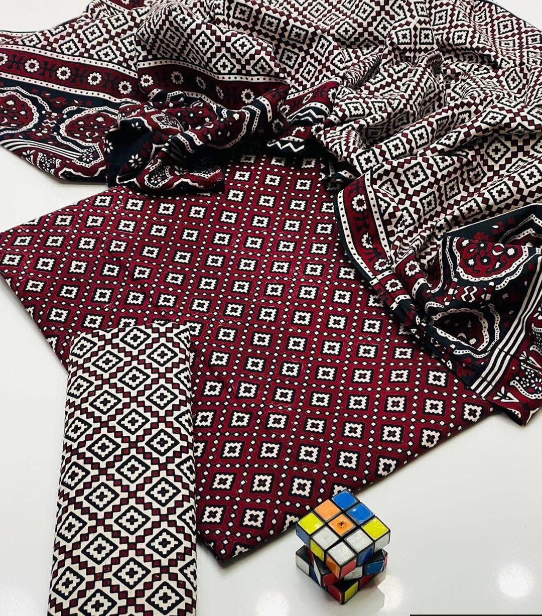 Hand Block Print Ajrak Cotton Unstitched 3-Piece Suit | All-Season Wear