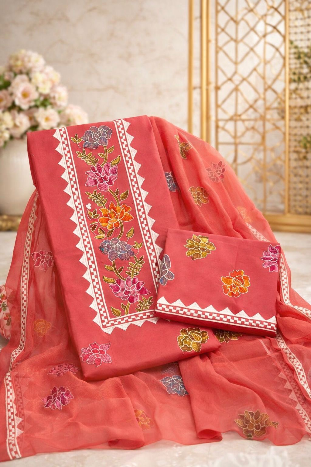 Computer Applic Floral Embroidered Unstitched 3PC Dress