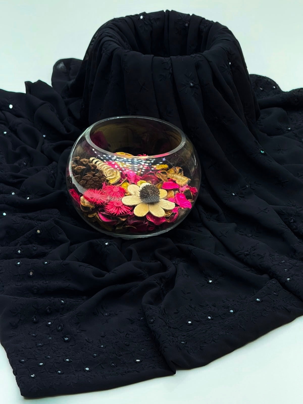 Black Korean Georgette Handmade Original Mirror Work Ladies Chadar | 2.5 Meter