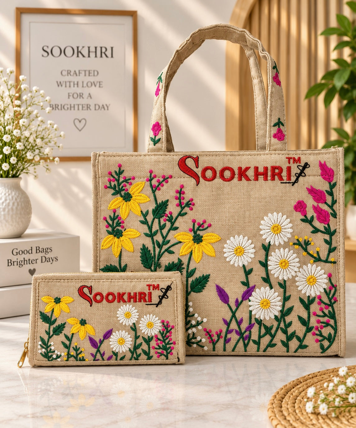 Premium Jute Fabric Floral Embroidered Tote Bag with Matching Clutch – Medium Size