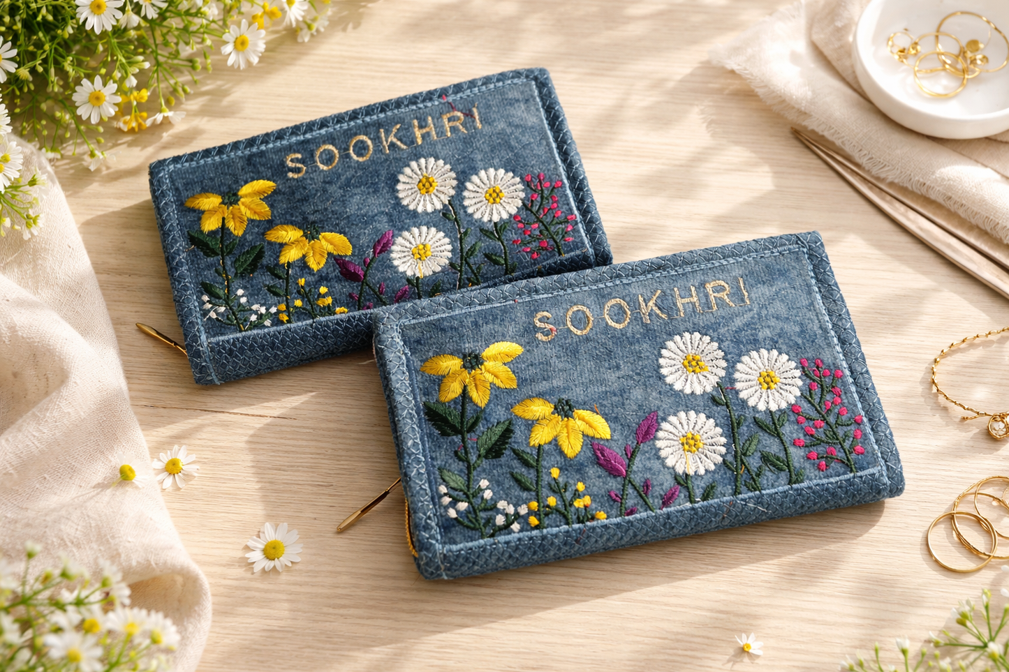 SOOKHRI Embroidered Velvet Clutch – Floral Zipper Wallet (Pair of 2)