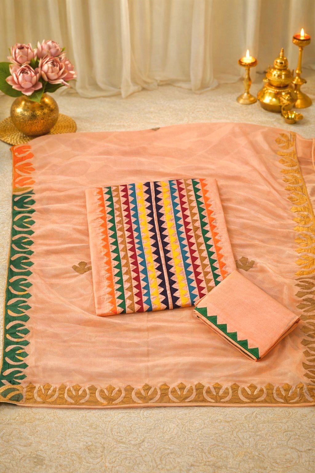 Multicolor Applique 3-Piece Dress – Soft Cotton with Chiffon Dupatta