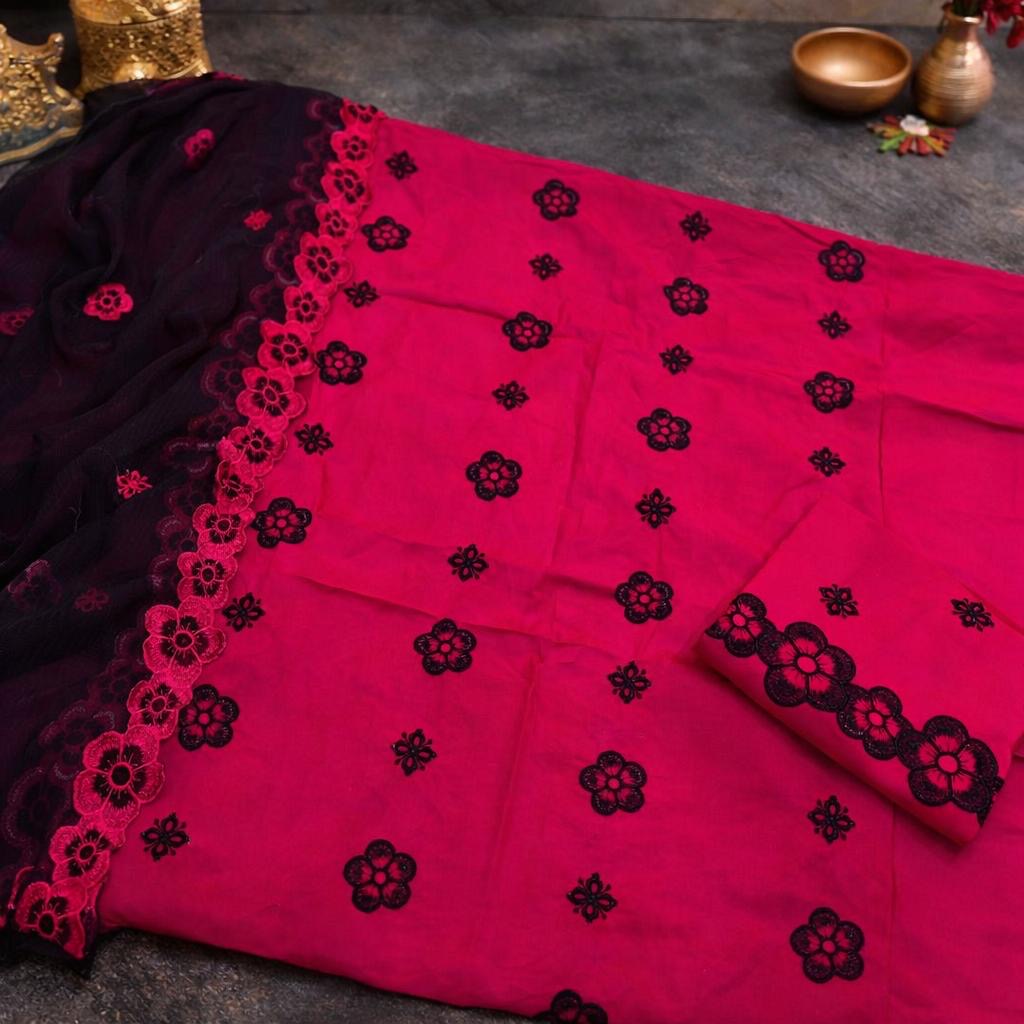Floral Embroidered Unstitched Soft Cotton 3PC Suit With Chiffon Cutwork Dupatta