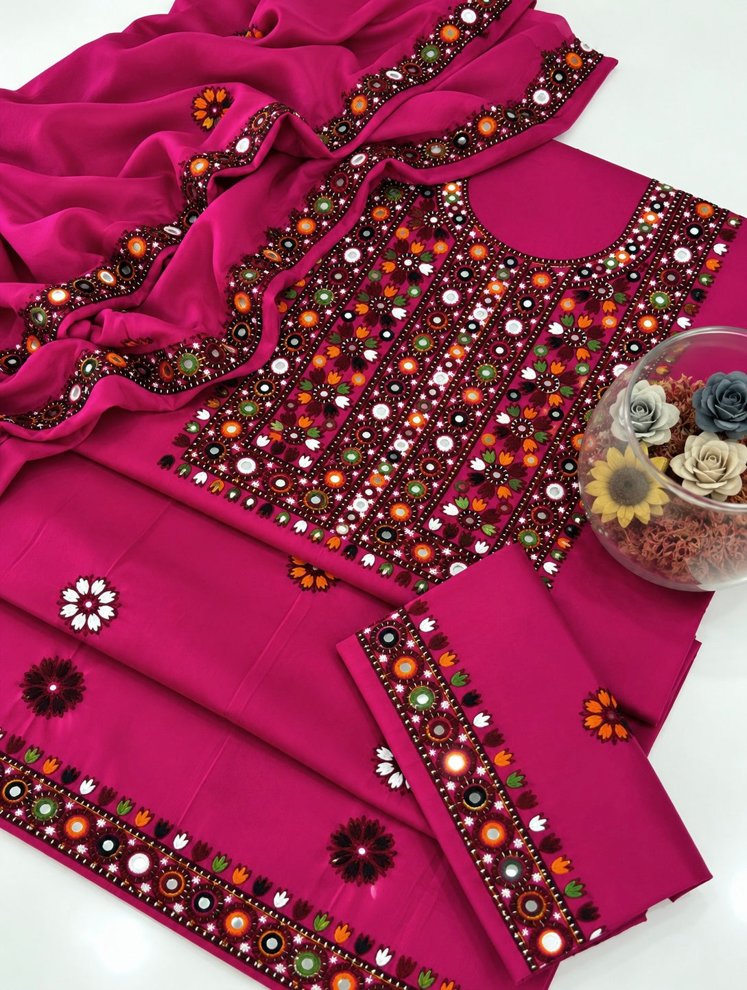 Balochi Multi Thick Thread 9MM Sitara Heavy Embroidered Soft Cotton with Chiffon Dupatta – 3PC Unstitched Dress