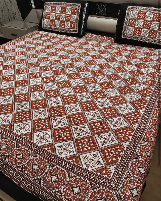King Size Ajrak Block Hand Print Cotton Stuff Bedsheet Set with 2 Unstitched Pillow Covers