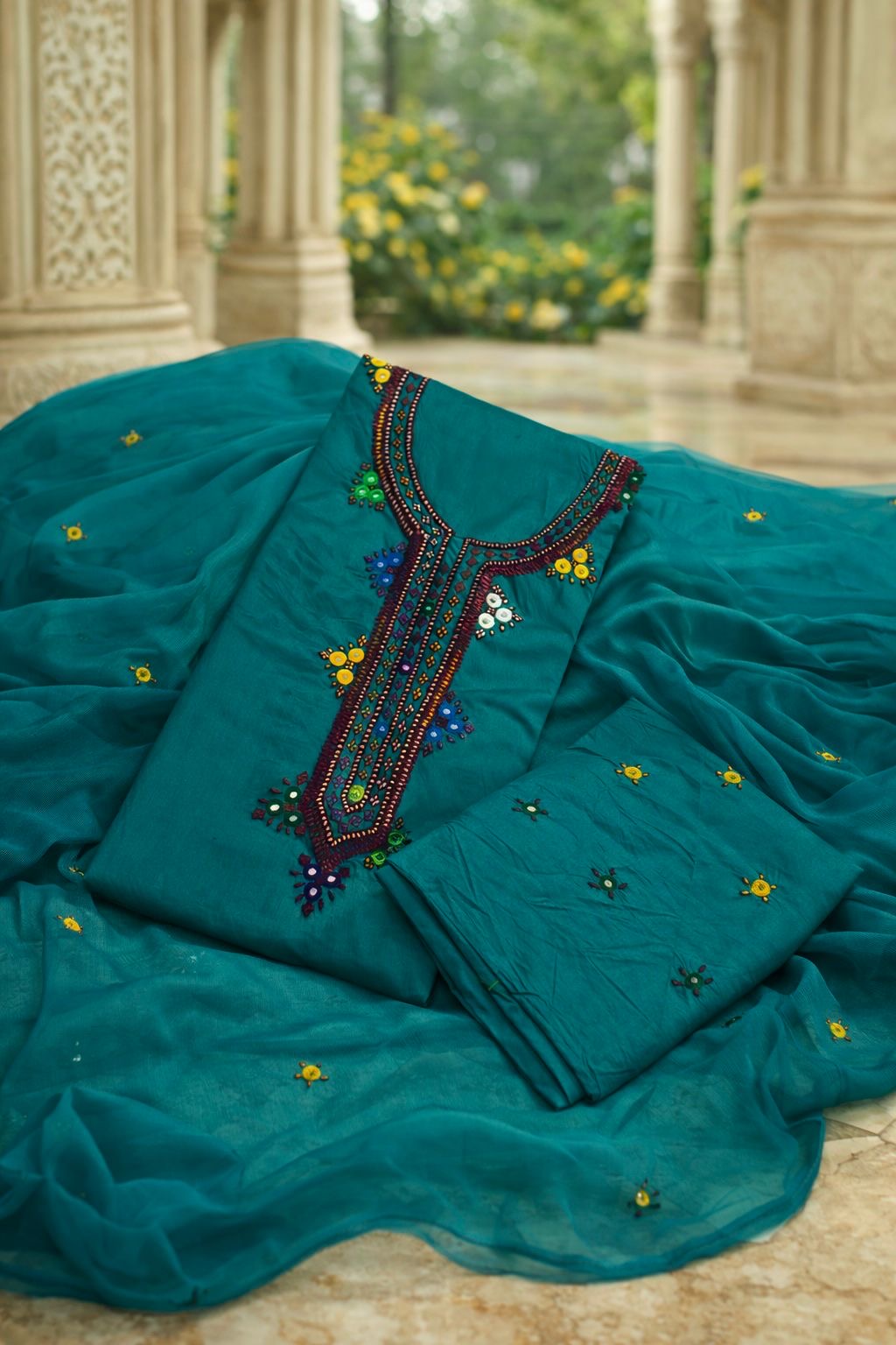Balochi Gala Handwork 3-Piece Suit | Original Mirror Work | Soft Cotton & Chiffon Dupatta