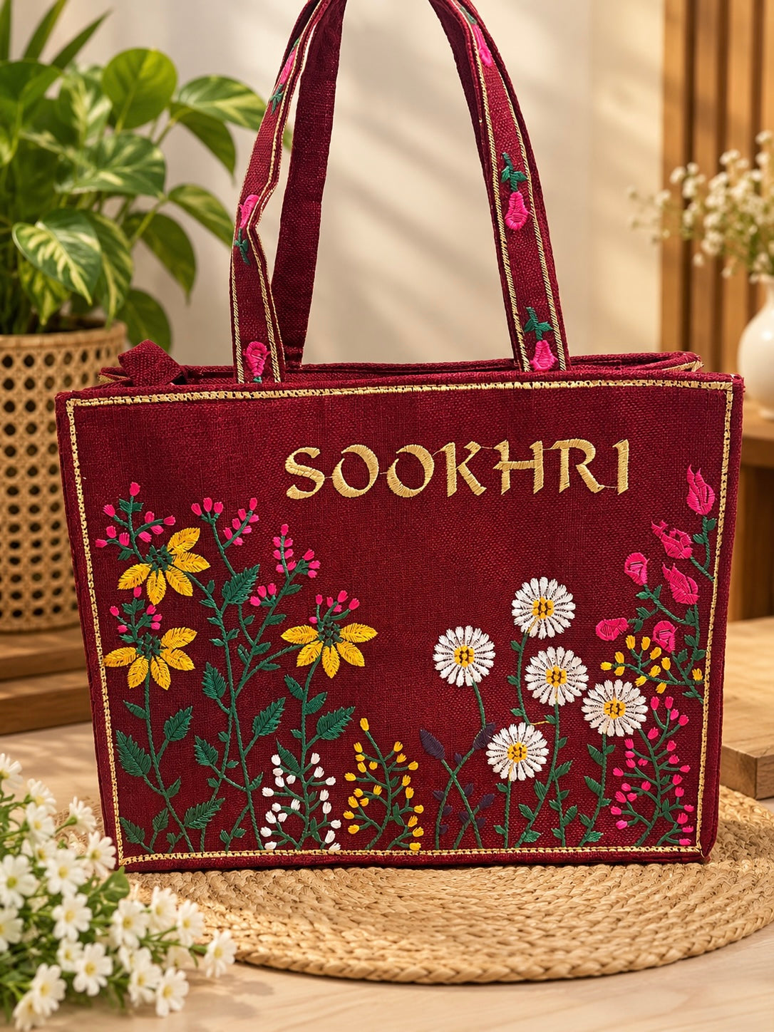 Jute Fabric Computer Flower Embroiderd Tote Bag – (14 Inches Length | 11 inches Width)