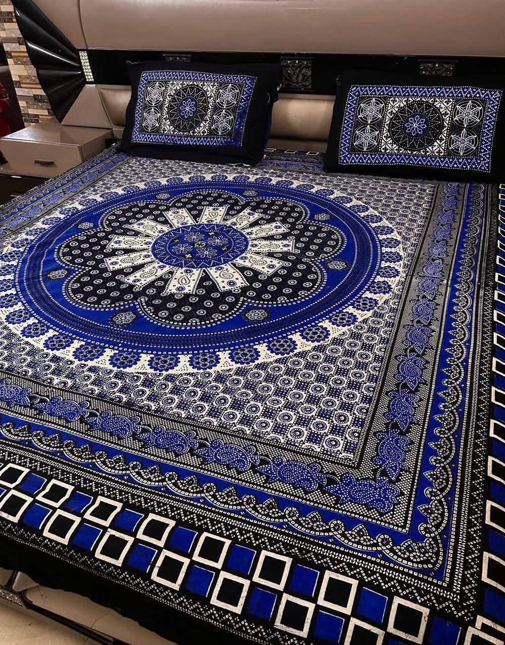 King Size Ajrak Block Hand Print Cotton Stuff Bedsheet Set with 2 Unstitched Pillow Covers