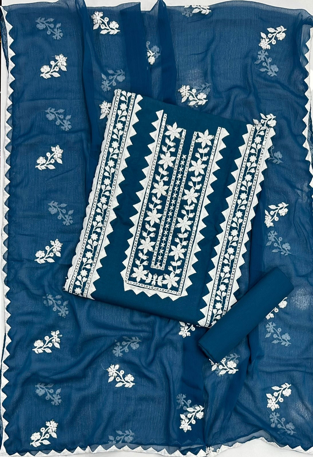 Elegant Applic+Thick Thread Work 3-Piece Cotton Suit