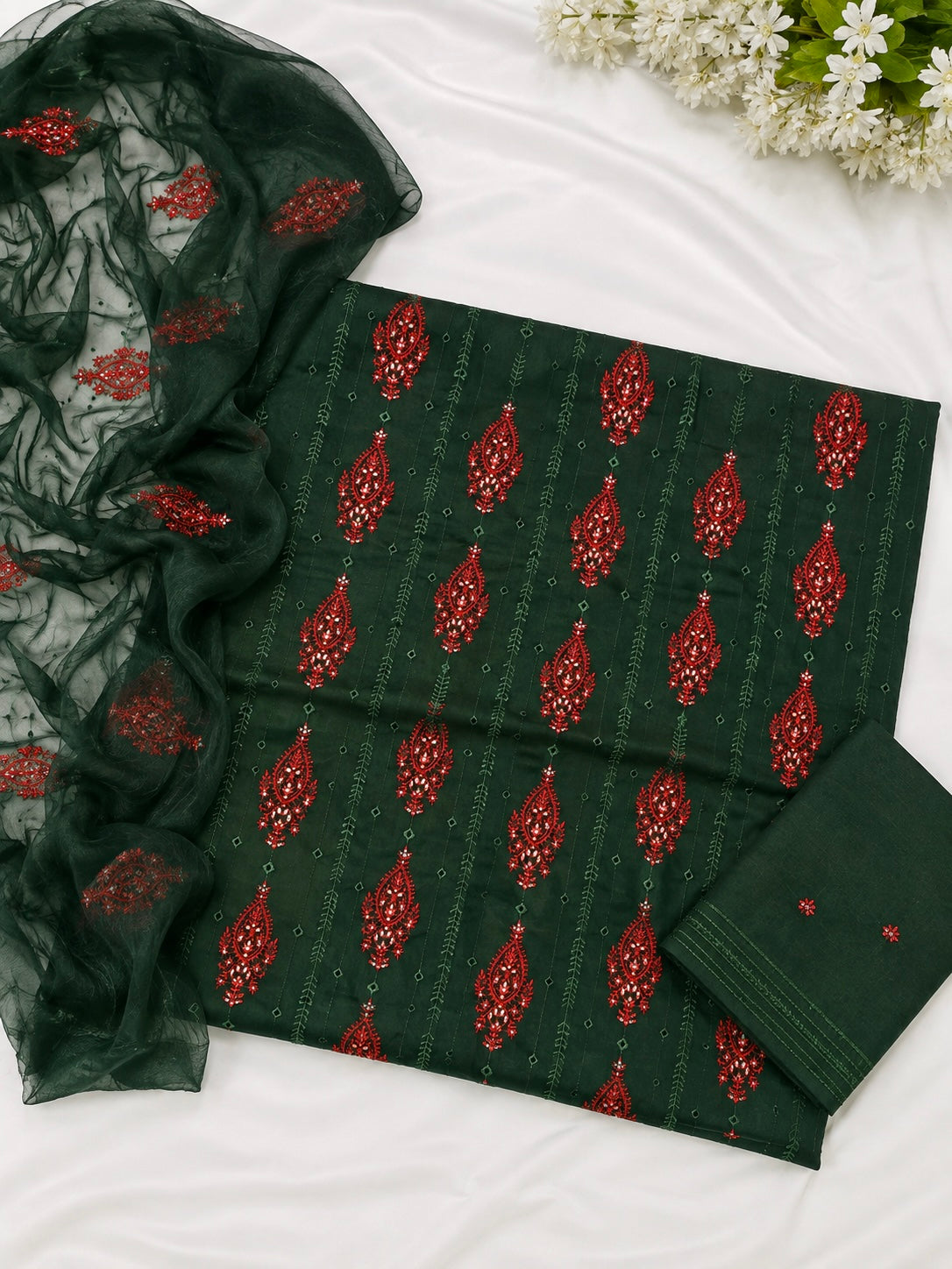 Bouring 3MM Sitara Sequence Work Embroidery Lawn Cotton with Chiffon Dupatta - 3PC Unstitch Dress 👗