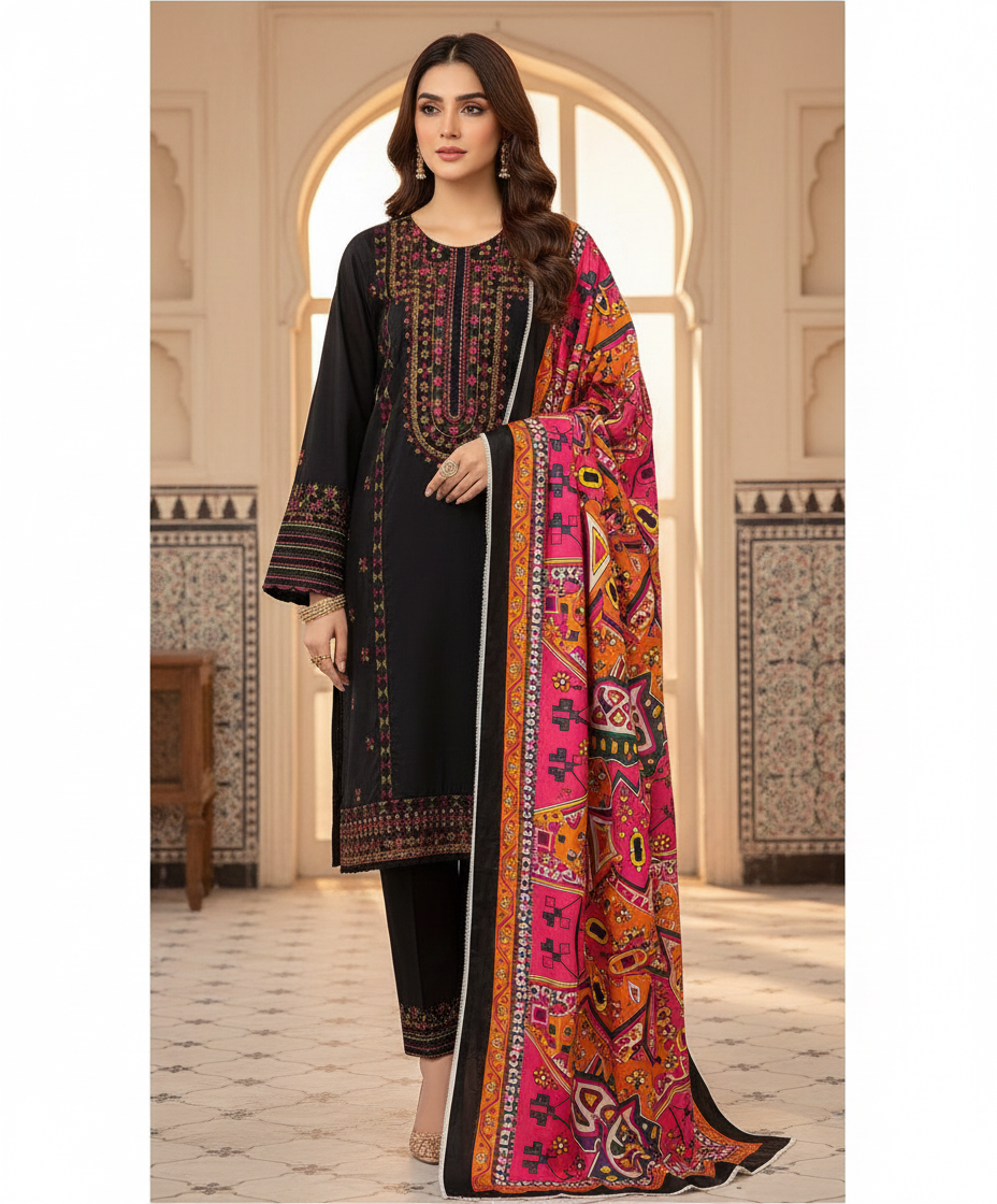 Winter Dhanak 3-Piece Suit – Heavy Multi Embroidered Shirt with Digital Printed Multi Shawl & Embellished Trouser