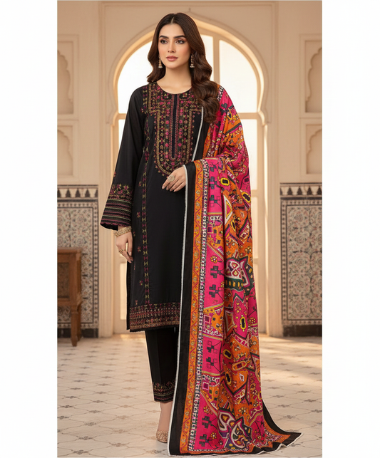 Winter Dhanak 3-Piece Suit – Heavy Multi Embroidered Shirt with Digital Printed Multi Shawl & Embellished Trouser