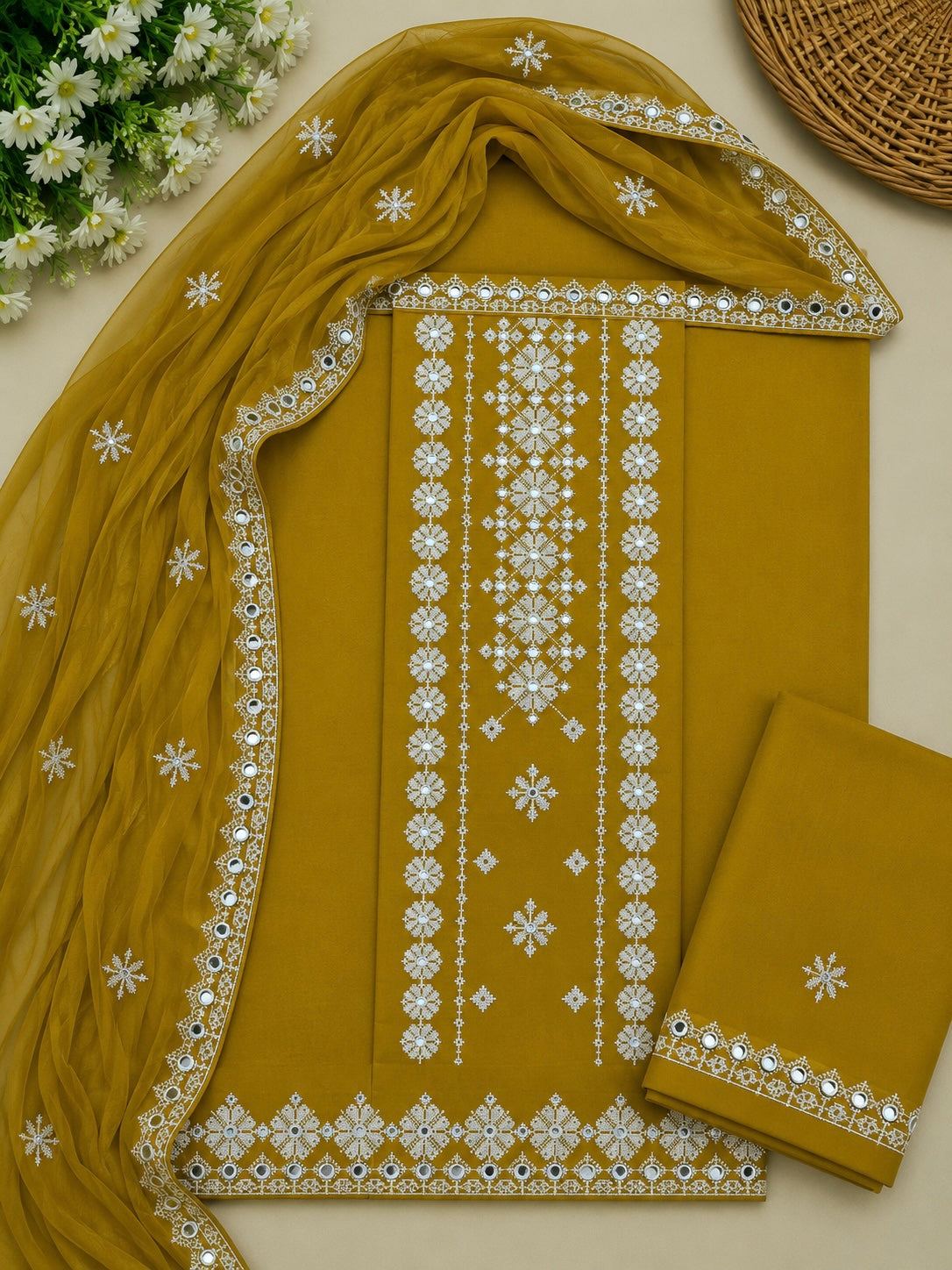 Cross Stitch Flower Embroidered   Lawn Cotton Fabric Shirt &Trouser with Chiffon Embroidered Dupatta – 3 Piece Unstitched Dress 👗
