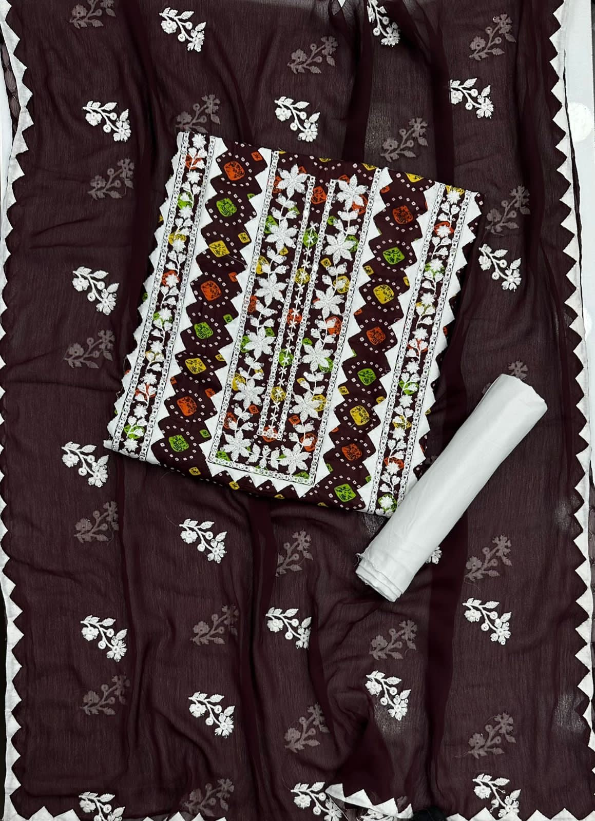 Chunri Print Applic With Embroidery Soft Cotton 3-Piece Suit