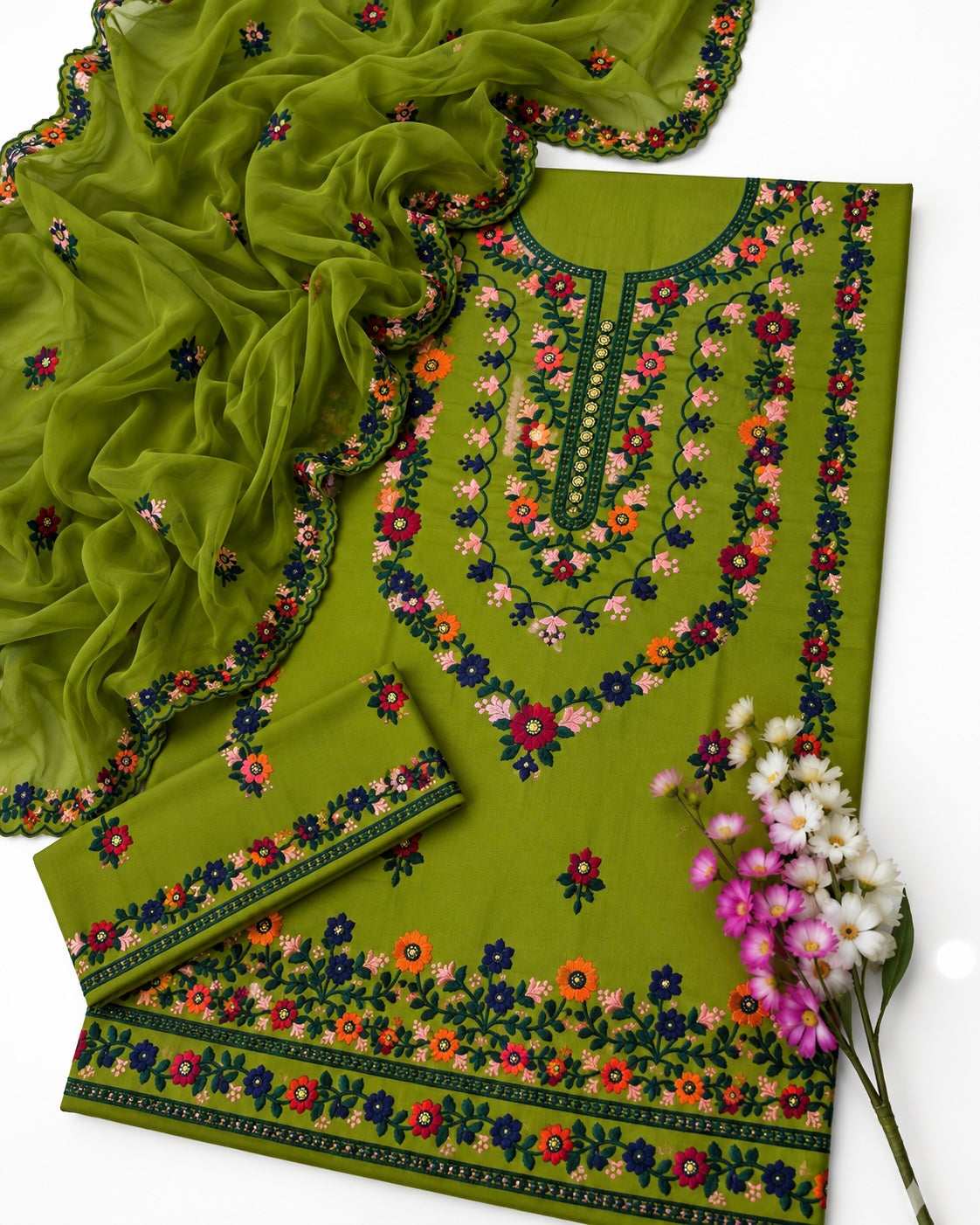 3MM Sequence Sitara Pakka Thread Multi Embroidered Soft Cotton Suit with Premium Chiffon Cutwork Dupatta – 3PC Unstitched Dress 👗