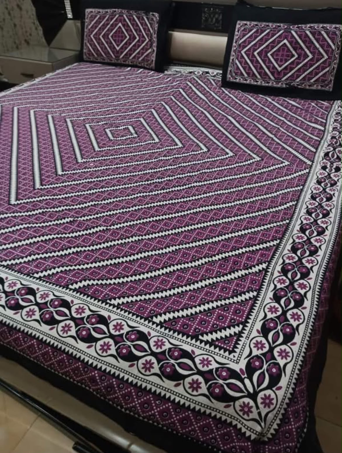 Ajrak Cotton King Size Block Print Bedsheet with 2 Unstitched Pillow Covers