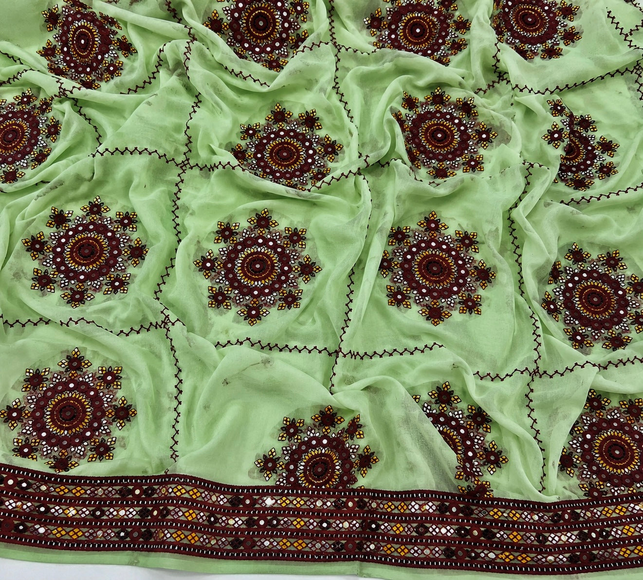 9MM Sitara Thick Thread Heavy Bunches Embroidery with Two Side Border - Swiss Lawn Chadar