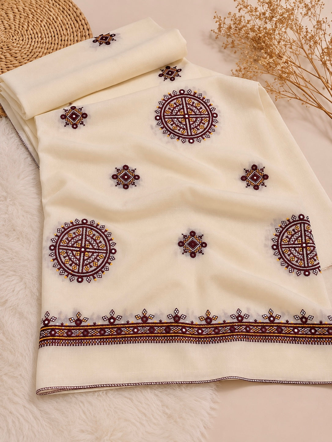 Balochi Thick Thread Sitara Bunches Embroidery Work Chader | Swiss Lawn Fabric