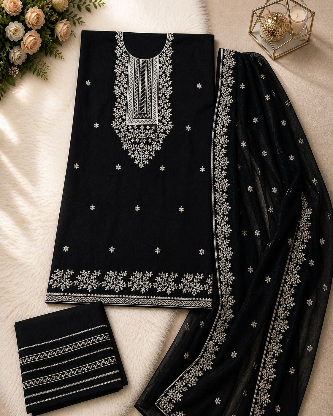 Applic Patti Zari Embroidered Lawn Cotton with Chiffon Dupatta - 3PC Unstitch Dress 👗