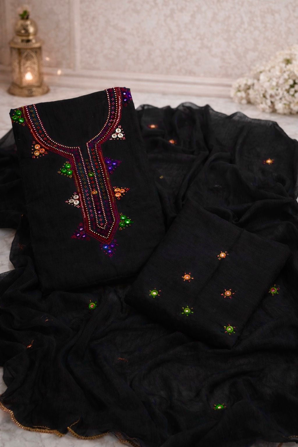 Balochi Gala Handwork 3-Piece Suit | Original Mirror Work | Soft Cotton & Chiffon Dupatta
