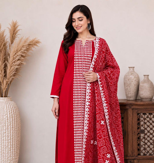 Applic Handwork Lawn Cotton Shirt & Trouser with Four Side Applic Border Chiffon Chunri Printed Dupatta – 3PC Unstitched Dress 👗