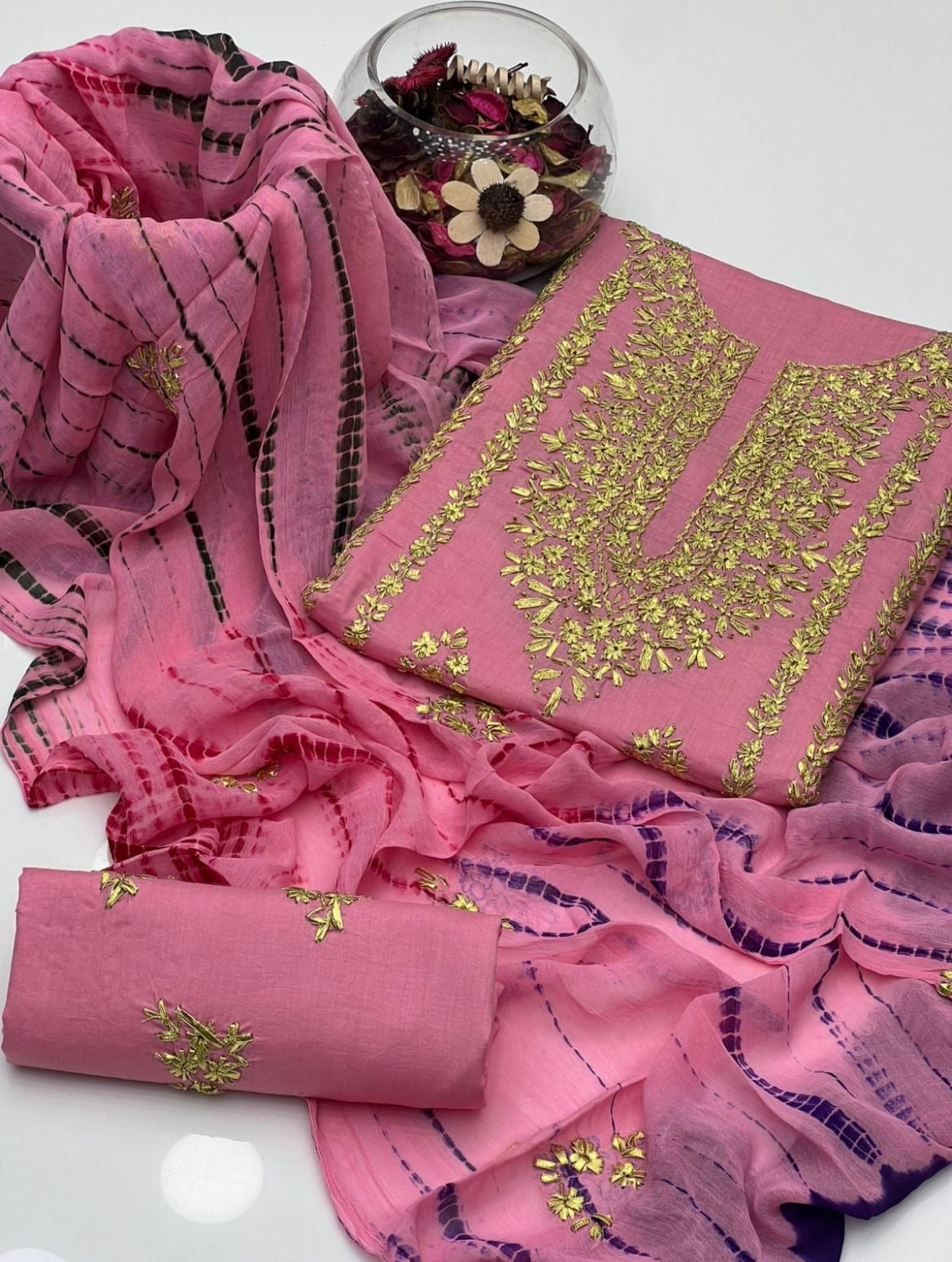 Gotta Work Handmade Lawn Stuff with Chiffon Tie-Dye Dupatta 3PC Unsticthed Dress