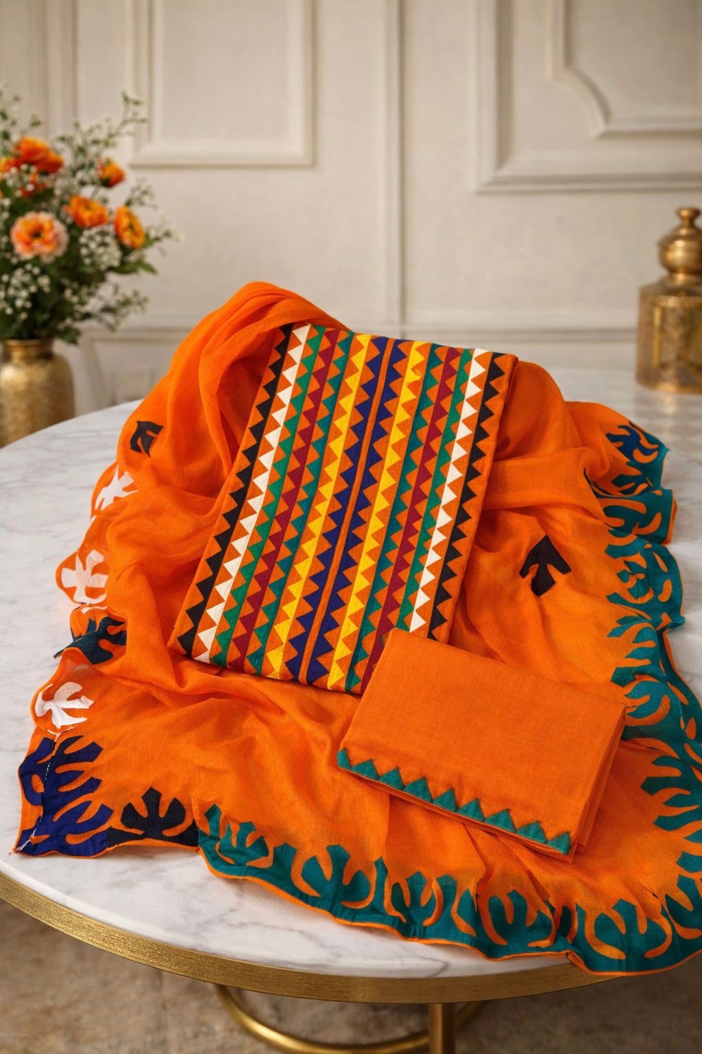 Multicolor Applique 3-Piece Dress – Soft Cotton with Chiffon Dupatta
