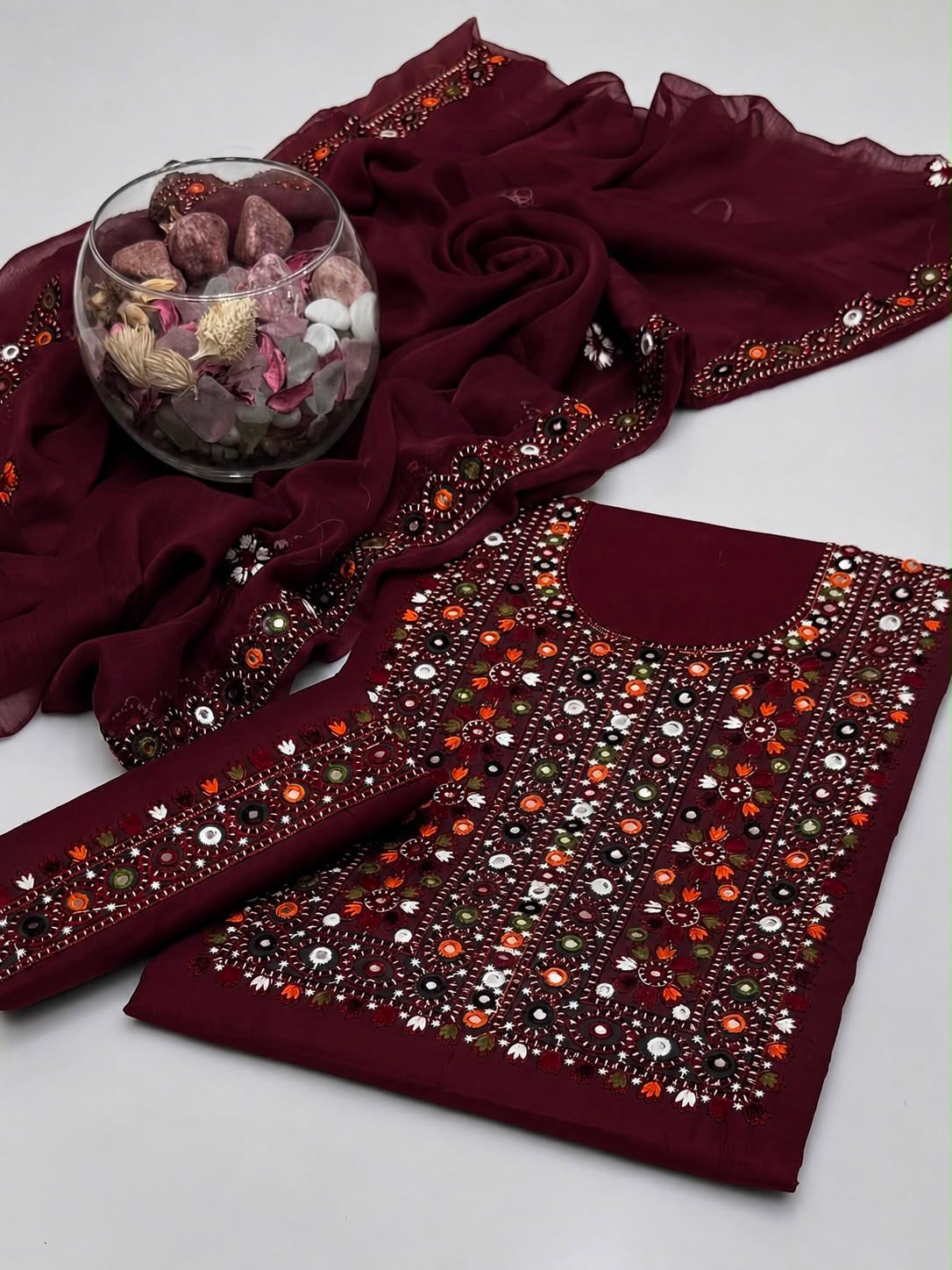 Balochi Multi Thick Thread 9MM Sitara Heavy Embroidered Lawn Cotton with Chiffon Dupatta – 3PC Unstitched Dress
