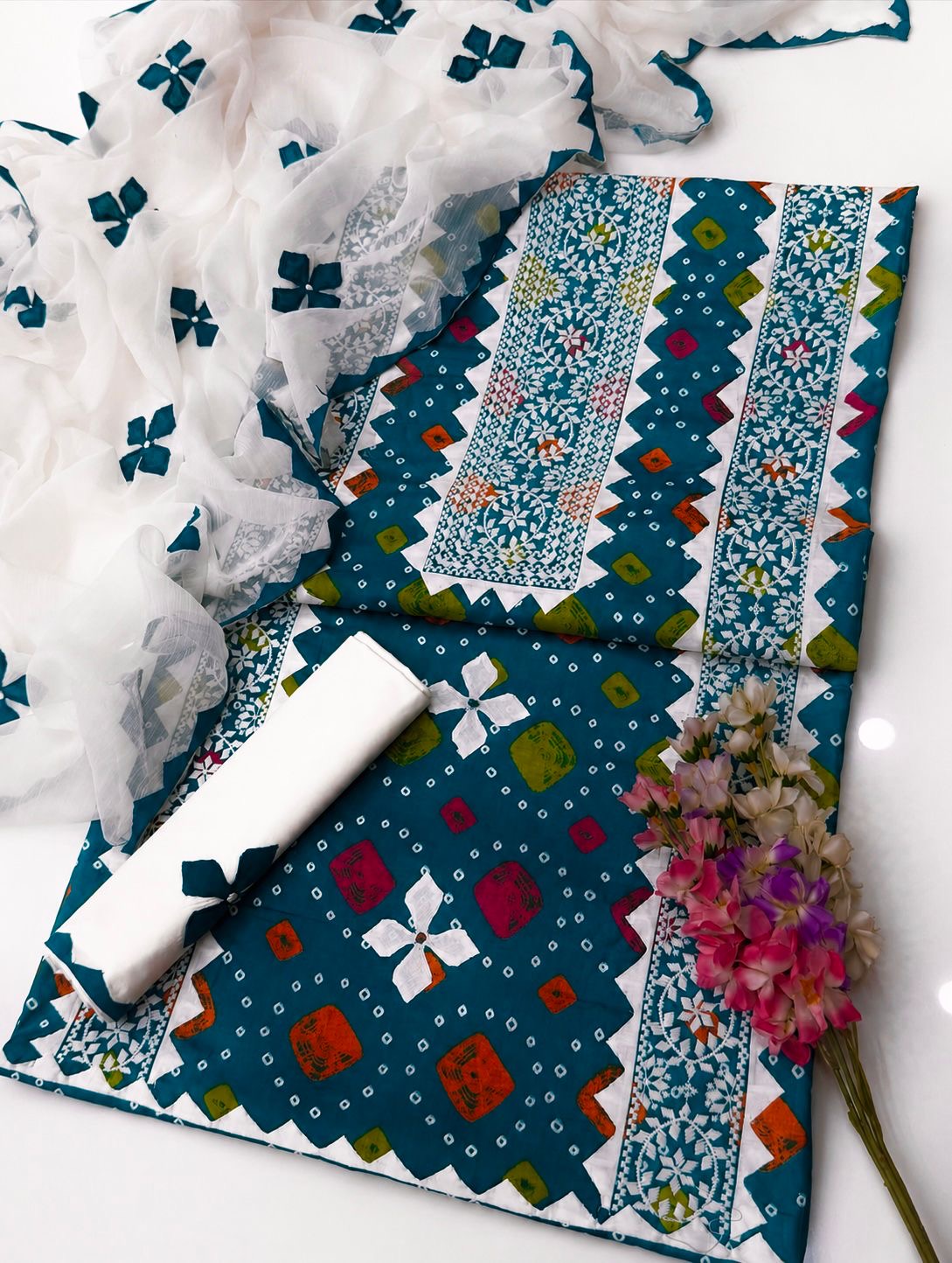 Multi Chunri Print Applic Handmade Panel with Patti Embroidered Lawn Cotton With Chiffon Dupatta – 3PC Unstitched Dress 👗