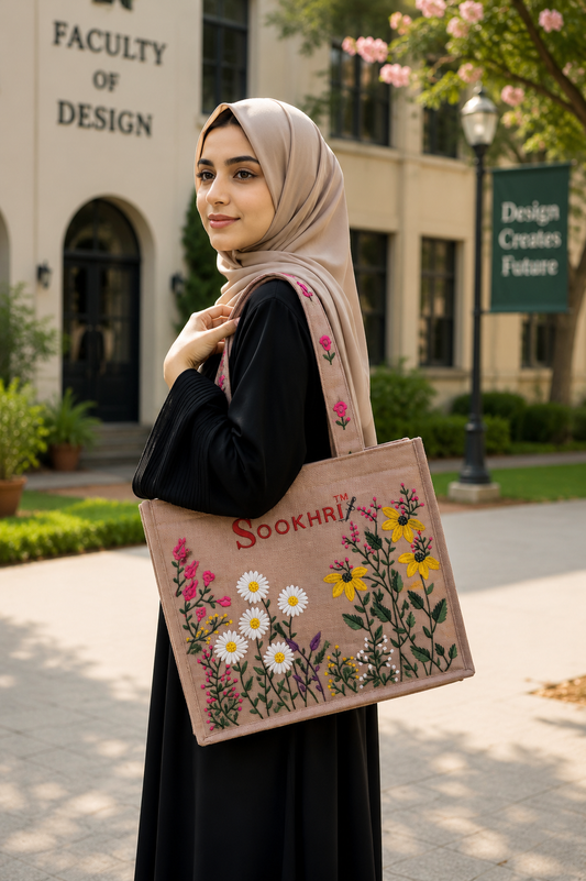 Traditional Jute Fabric Floral Embroidered Hand Bag – Premium Branded Tote Bag with Zip Clouser