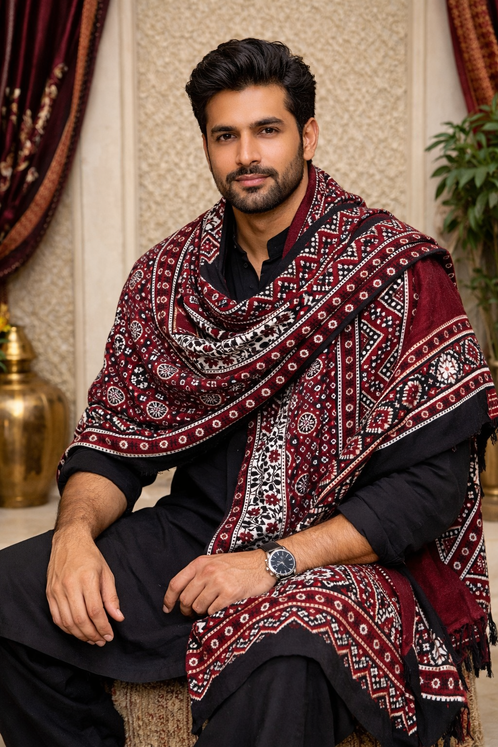 Sindhi Ajrak – Hand Block Printed | Full Size Traditional Shawl Cotton Fabric