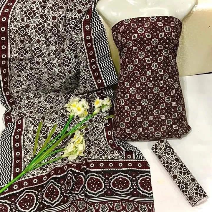 Ajrak Block Print 3 Piece Dress – Soft Winter Cotton Fabric